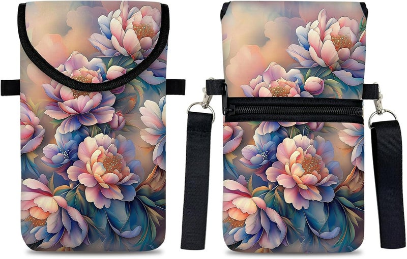 otilil Neoprene Cell Phone Sleeve Pouch Case Bag with Crossbody Strap Neck Lanyard for Women 7.5 X 4.3 in Rich Flower - Image 1